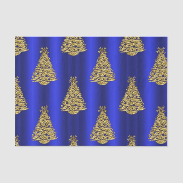 Golden Christmas Trees on Blue Tissue Paper (Front)