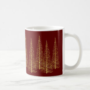 Golden Christmas Trees on Burgundy Mug
