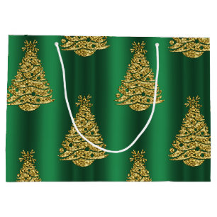 Golden Christmas Trees on Green Large Gift Bag