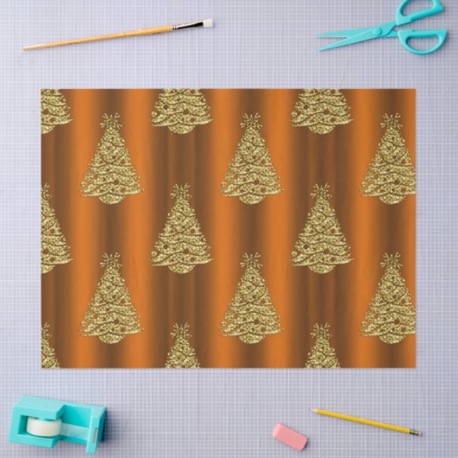 Golden Christmas Trees on Orange   Tissue Paper (Craft)