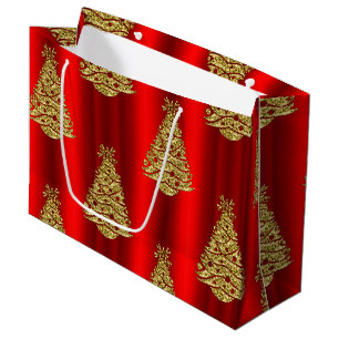 Golden Christmas Trees on Red Large Gift Bag