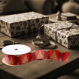 Golden Christmas Trees on Red Satin Ribbon