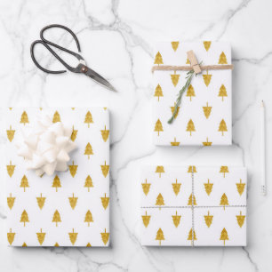 Golden Christmas Trees on White Background Wrapping Paper Sheet