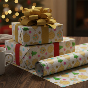Golden Christmas Trees & Ornaments Hand-drawn Wrapping Paper