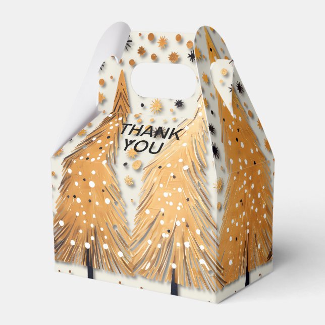 Golden Christmas Trees Shiny Snowflakes Holidays Favour Box (Front Side)