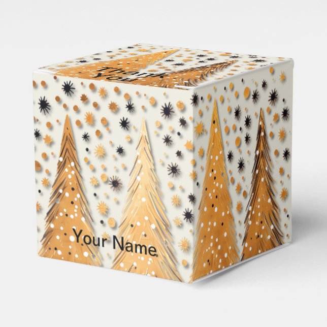 Golden Christmas Trees Shiny Snowflakes Holidays Favour Box (Front Side)