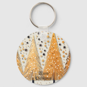 Golden Christmas Trees Shiny Snowflakes Holidays Key Ring