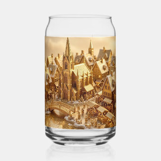 Golden Christmas Village Cathedral Market Scene Can Glass