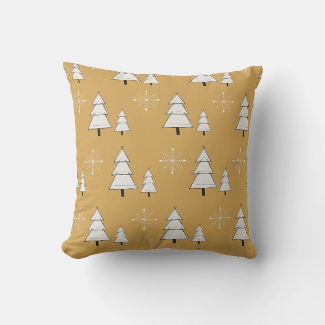 Golden Christmas with pines and snowflakes Cushion (Front)