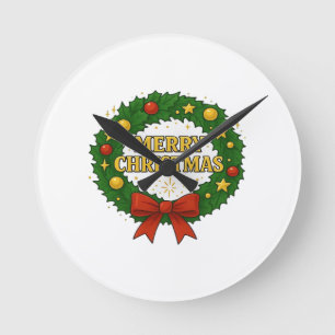 Golden Christmas Wreath – Festive Red Green Gold H Round Clock