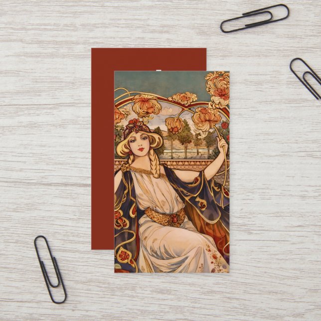 Golden Chrysanthemum Muse – Art Nouveau Floral  Business Card (Front/Back In Situ)