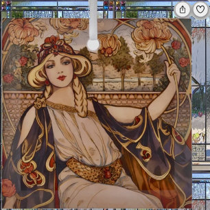 Golden Chrysanthemum Muse – Art Nouveau Floral Glass Tree Decoration