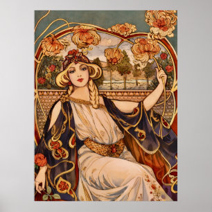 Golden Chrysanthemum Muse – Art Nouveau Floral  Poster