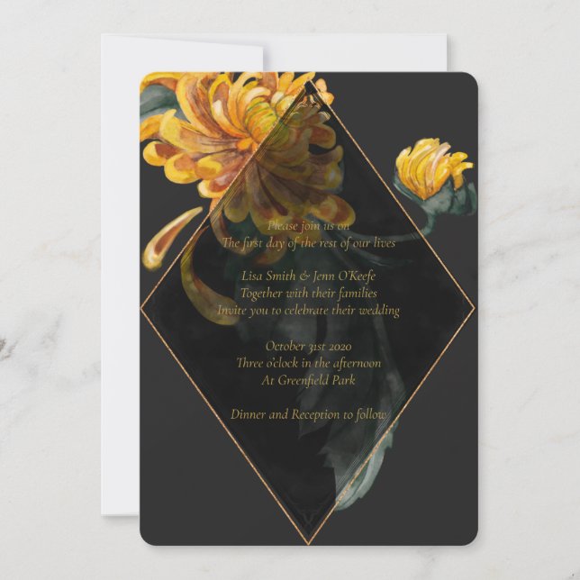 Golden Chrysanthemum Painted Wedding Invitations (Front)