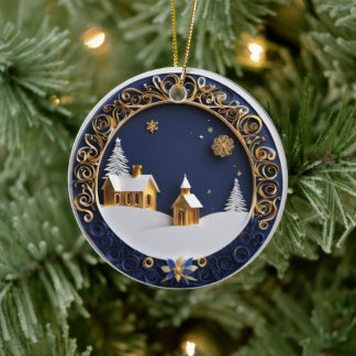 Golden Churches Paper-Cut Style Starry Night Ceramic Tree Decoration