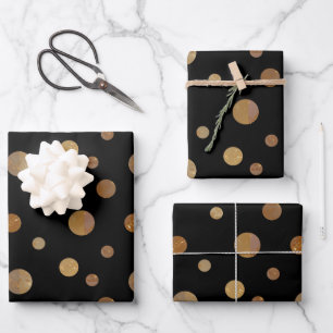 Golden Circles Polka Dots Geometric Black Wrapping Paper Sheet