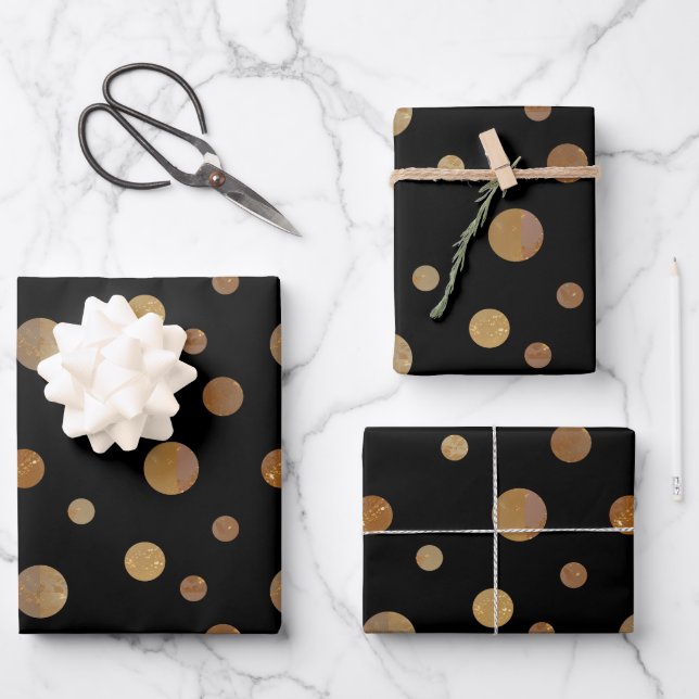 Golden Circles Polka Dots Geometric Black Wrapping Paper Sheet (Front)