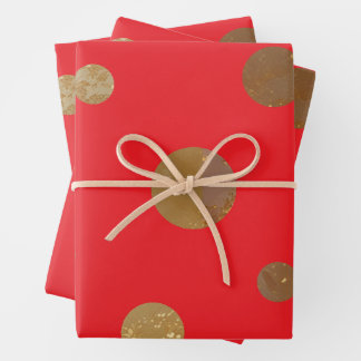 Golden Circles Polka Dots Geometric Red Wrapping Paper Sheet