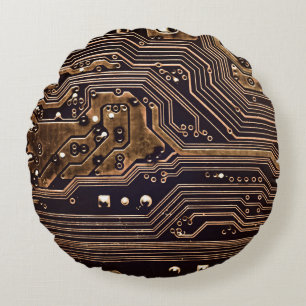Golden circuit board. Electronic computer hardware Round Cushion