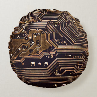 Golden circuit board. Electronic computer hardware Round Cushion