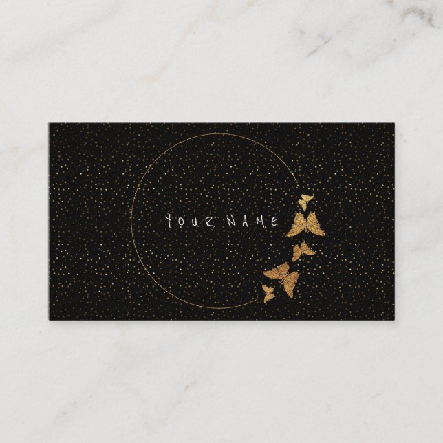Golden Cirkles Glitter Confetti Butterfly Black Business Card (Front)