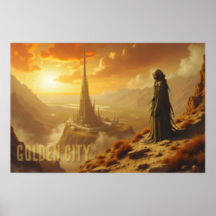 Golden City Futuristic Sci Fi Fantasy Art Poster