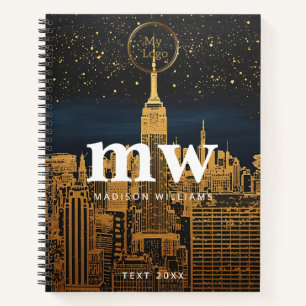 golden city skyline sparkly night time logo  notebook