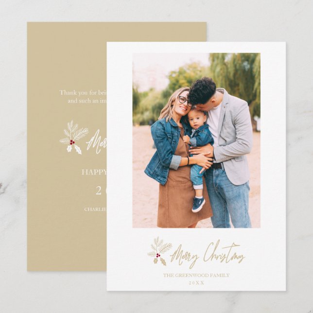 Golden Classic Merry Christmas Custom Photo Holiday Card (Front/Back)