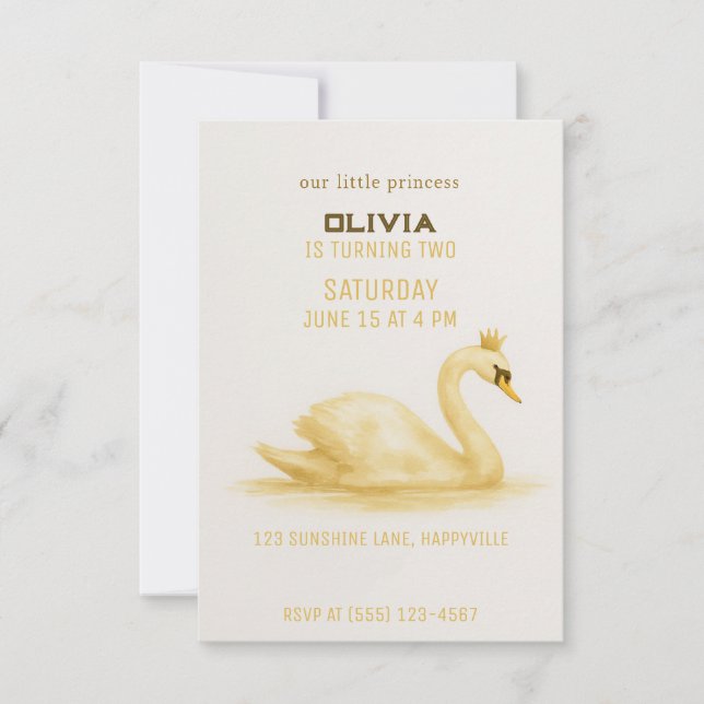 golden classy Sweet Swan Princess birthday invite (Front)