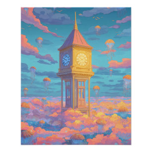 Golden Clock Tower Pastel Sky Fantasy Art Poster