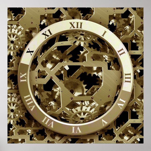 Golden Clocks and Gears Steampunk Mechanical Gifts Poster (Front)