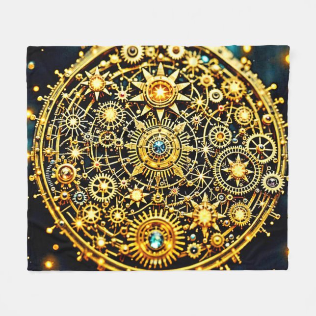 Golden Clockwork Celestial Art Fleece Blanket (Front (Horizontal))