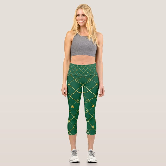 Golden Clovers, Emerald Sky Capri Leggings (Front)