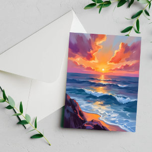 Golden Coast Ocean Sunset Watercolor Painting Card
