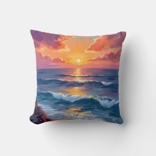 Golden Coast Ocean Sunset Watercolor Painting Cushion