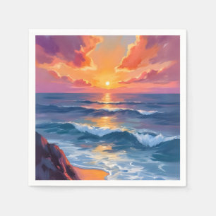 Golden Coast Ocean Sunset Watercolor Painting Napkin