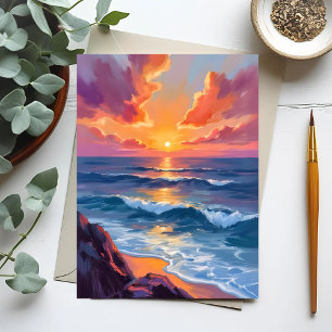 Golden Coast Ocean Sunset Watercolor Painting Postcard