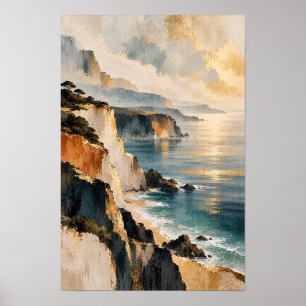 Golden Coastal Cliffs and Blue Sea Landscape Wall Poster