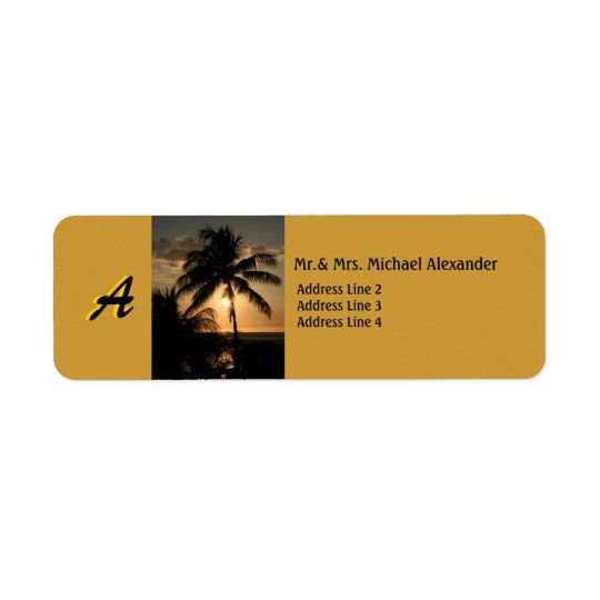 Golden Coastline Sunset Palm Tree with Monogram Return Address Label