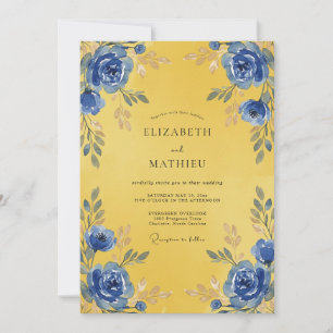Golden Cobalt Blossom Wedding Invitation