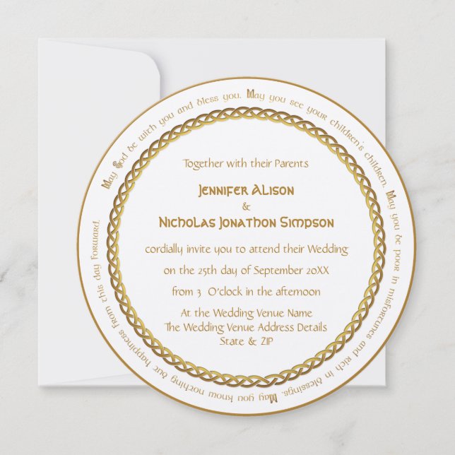 Golden Colour Celtic Knot - Irish Wedding Blessing Invitation (Front)