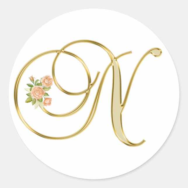 Golden Colour Floral Monogram Letter N    Classic Round Sticker (Front)