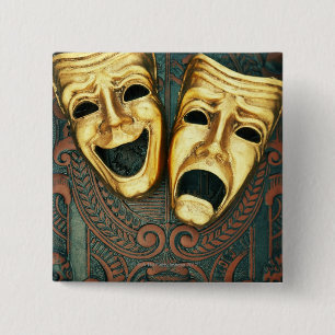 Golden comedy and tragedy masks on patterned 15 cm square badge