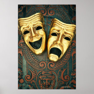 Golden comedy and tragedy masks on patterned poster