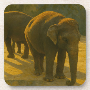 Golden Companions – Elephant Trio in Warm Light Coaster