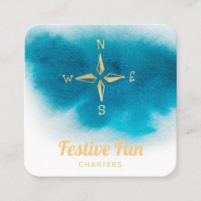 *~* Golden Compass Beach Ocean White Teal Blue Sea Square Business Card (Front)