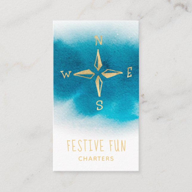 *~* Golden Compass Sea Beach Ocean White Teal Blue Business Card (Front)