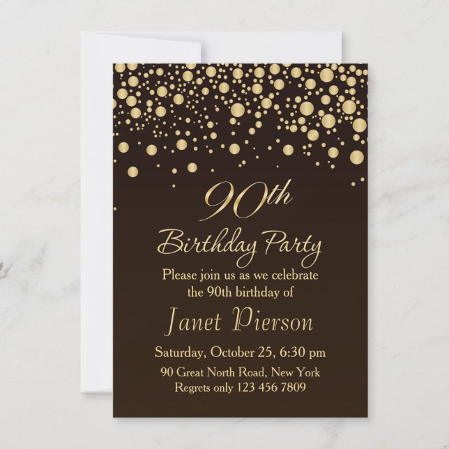 Golden confetti 90th Birthday Party Invitation (Front)