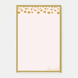 Golden confetti and golden frame on ivory post-it notes