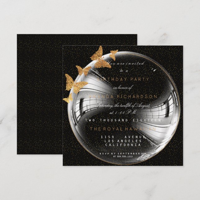 Golden Confetti Butterfly Birthday Bachelorette Invitation (Front/Back)